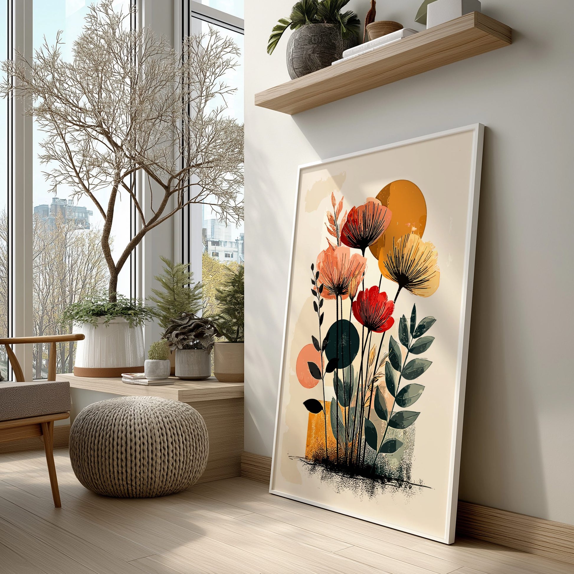 Colorful floral artwork on a wall in a modern living room with large windows.