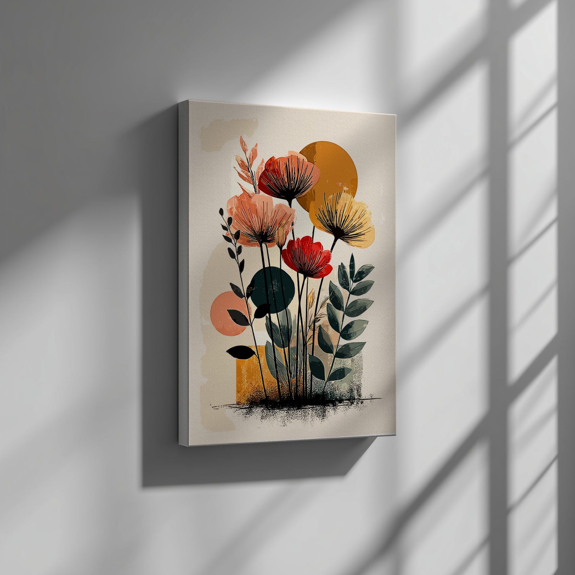 Floral Canvas painting on a wall with soft shadows