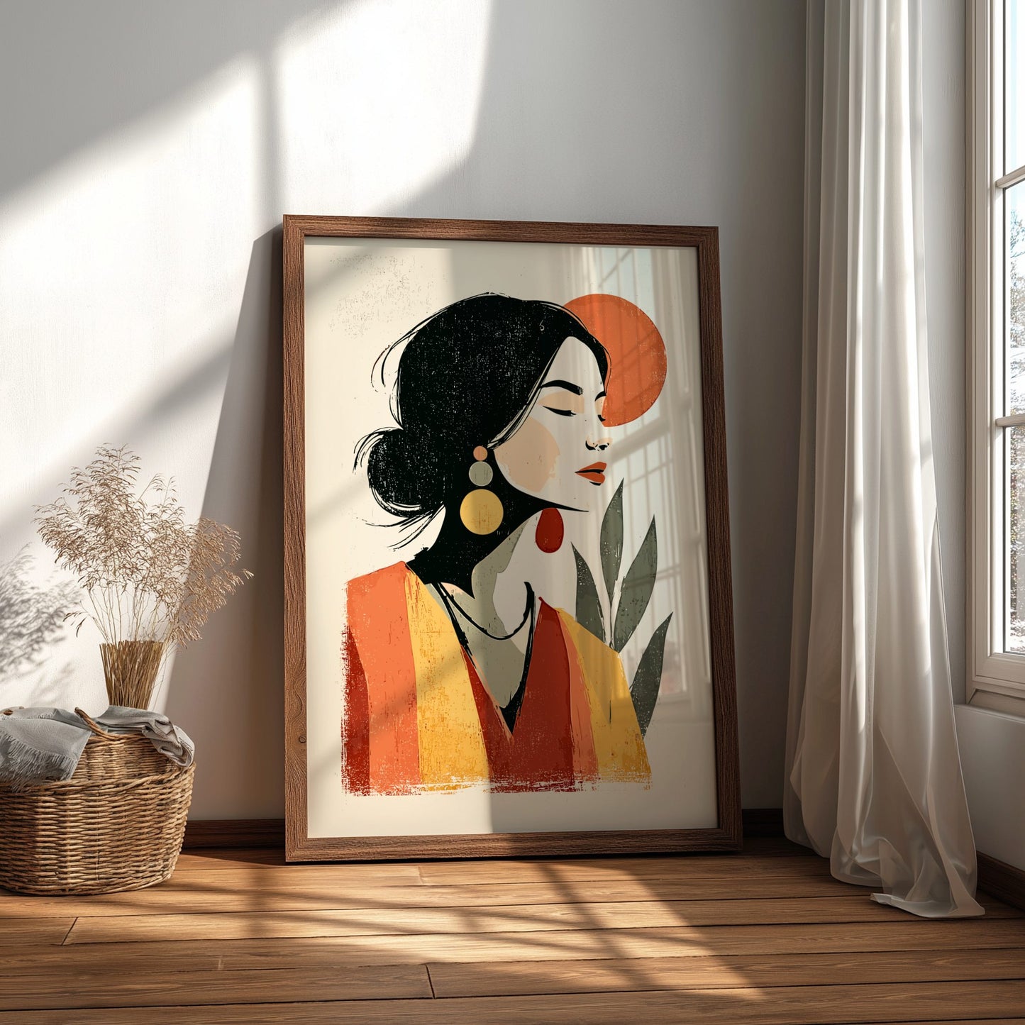 Framed artwork of a stylized woman's face with abstract elements in a room with natural light.