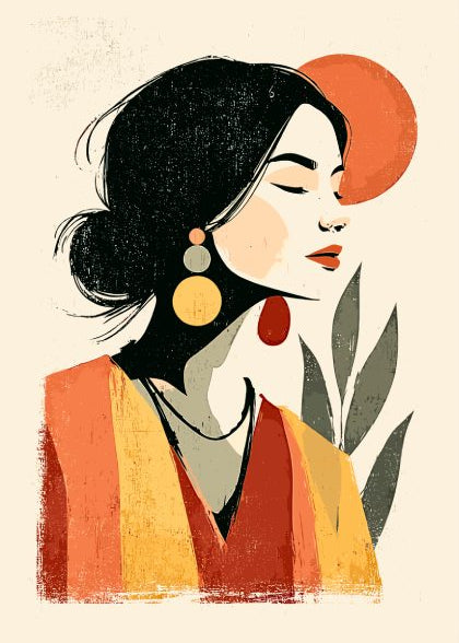 Illustration of a woman with dark hair and colorful earrings on a beige background