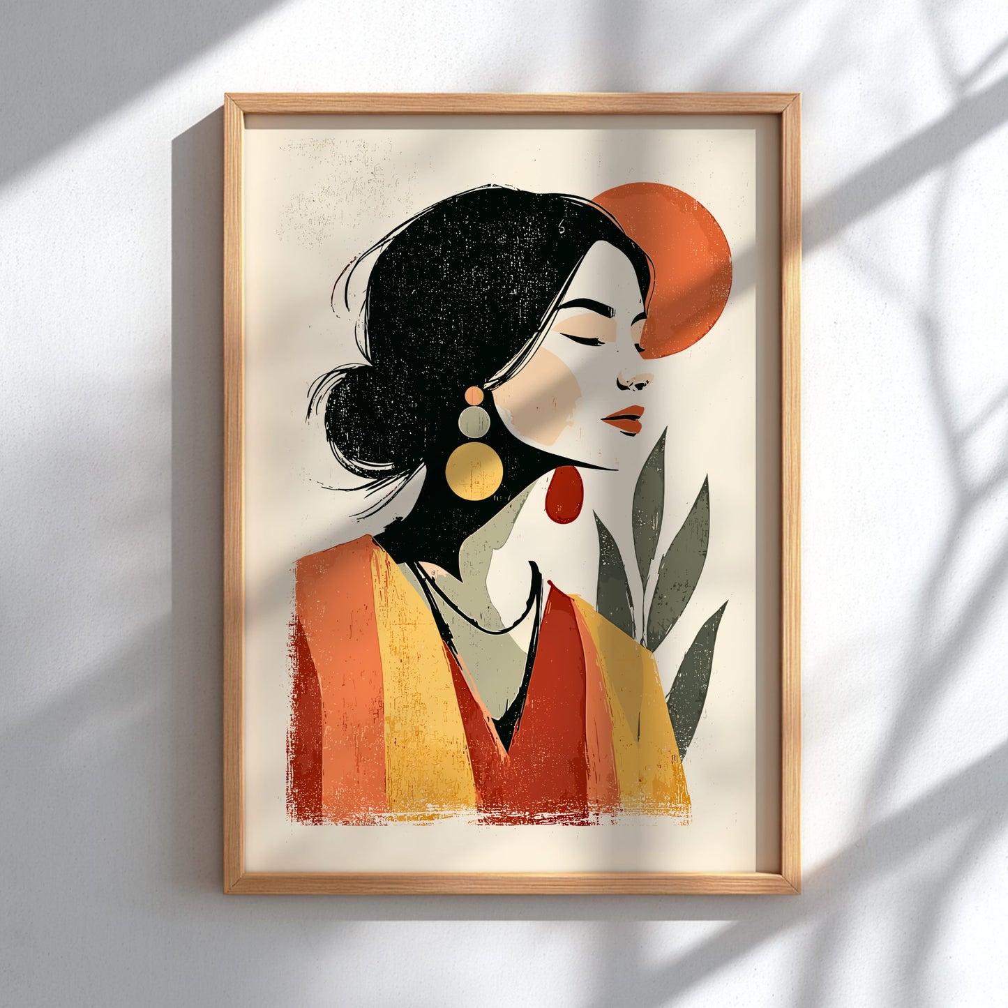 Framed artwork of a stylized woman with a wooden frame on a white wall.