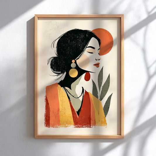 Framed artwork of a stylized woman with a wooden frame on a white wall.