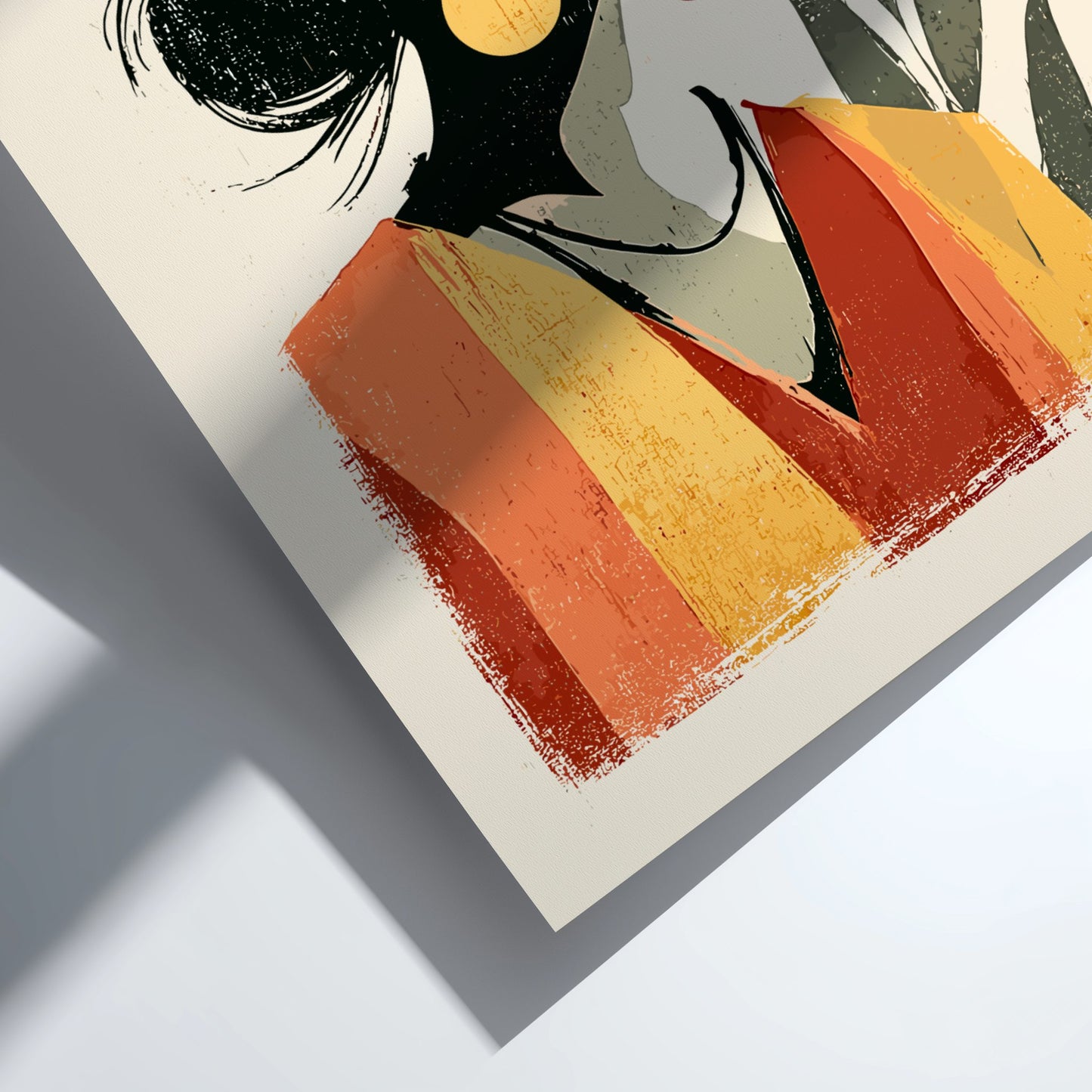 Abstract art piece with geometric shapes in orange, yellow, and black on a light background