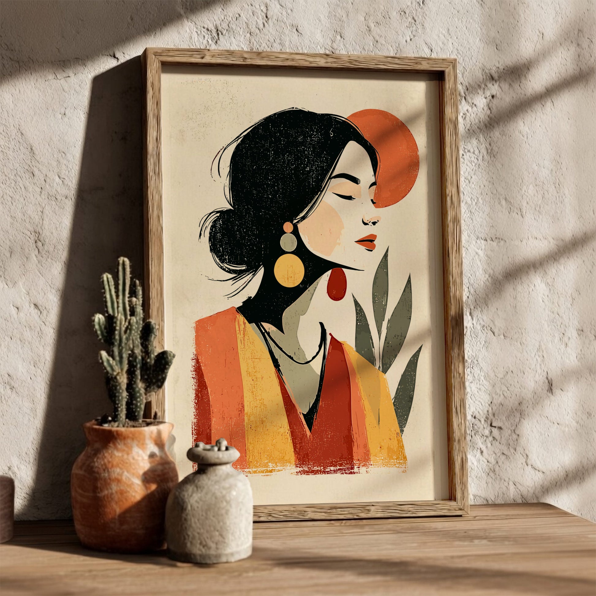 Framed artwork of a stylized portrait on a wooden surface with decorative vases and a cactus.