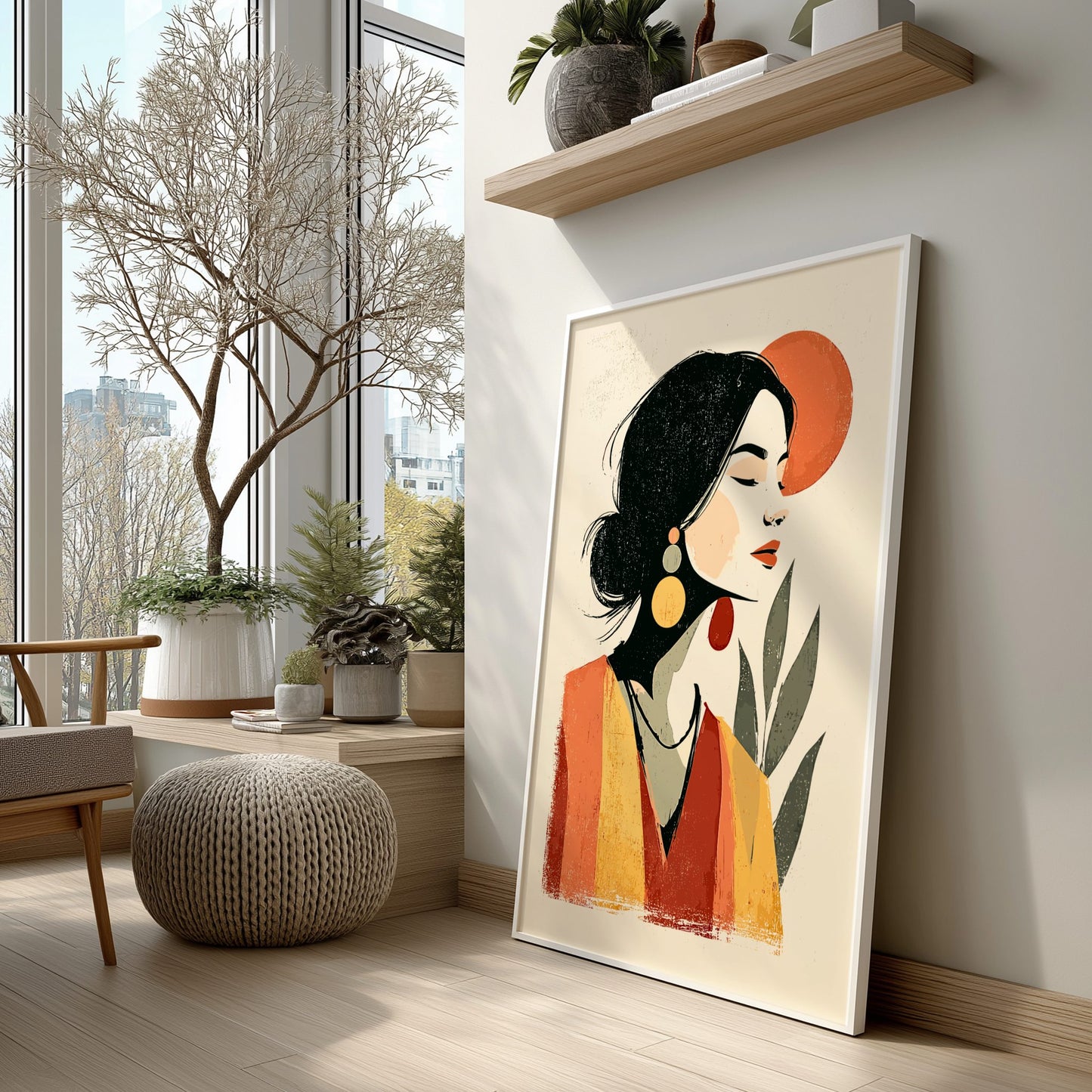 Framed artwork of a stylized portrait in a modern living room with large windows and plants.