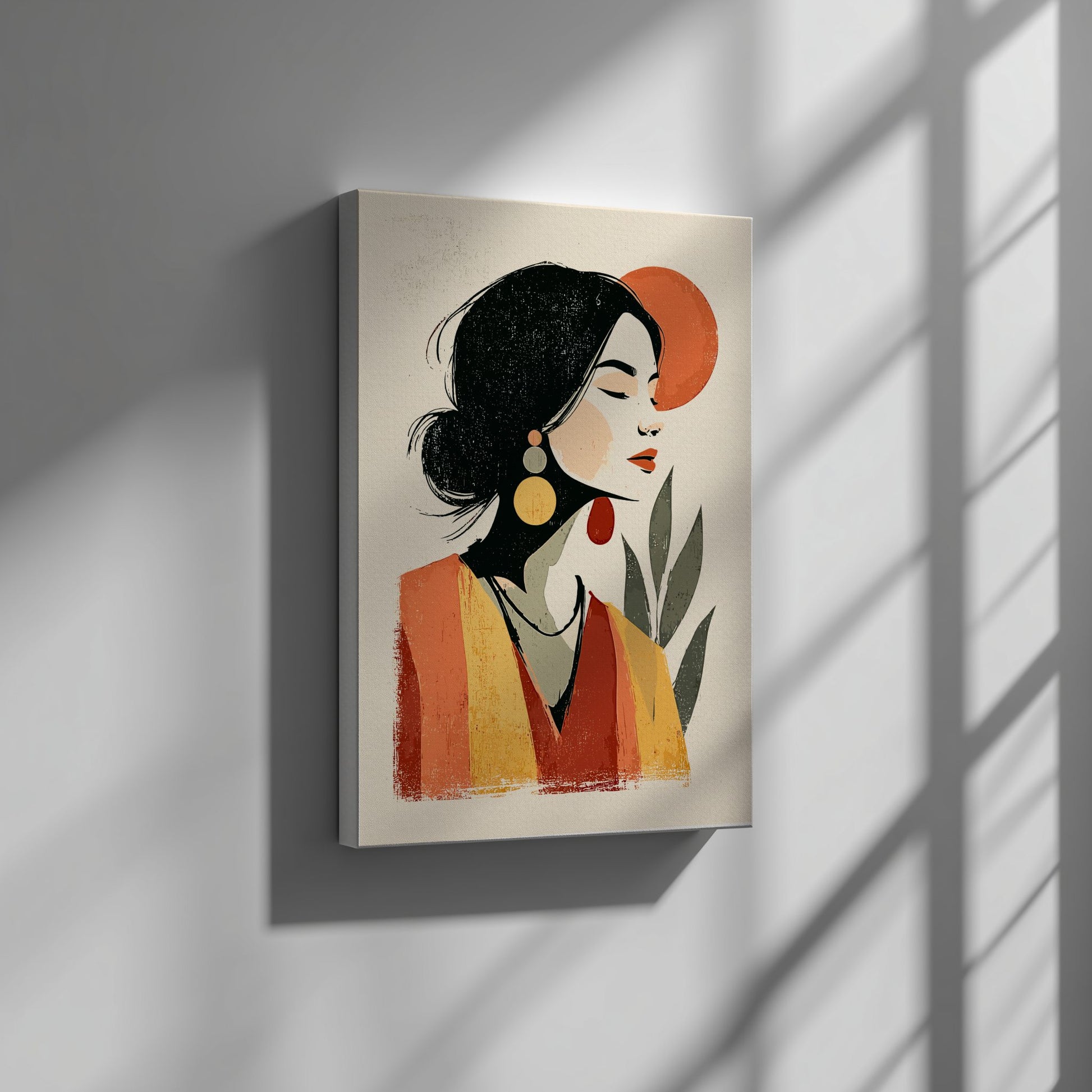 Canvas print of a stylized portrait with a woman's face on a plain wall.