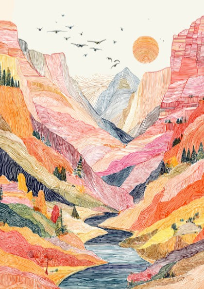 Desert canyon landscape poster with vibrant colors and a winding river, rendered in a stylized linework art