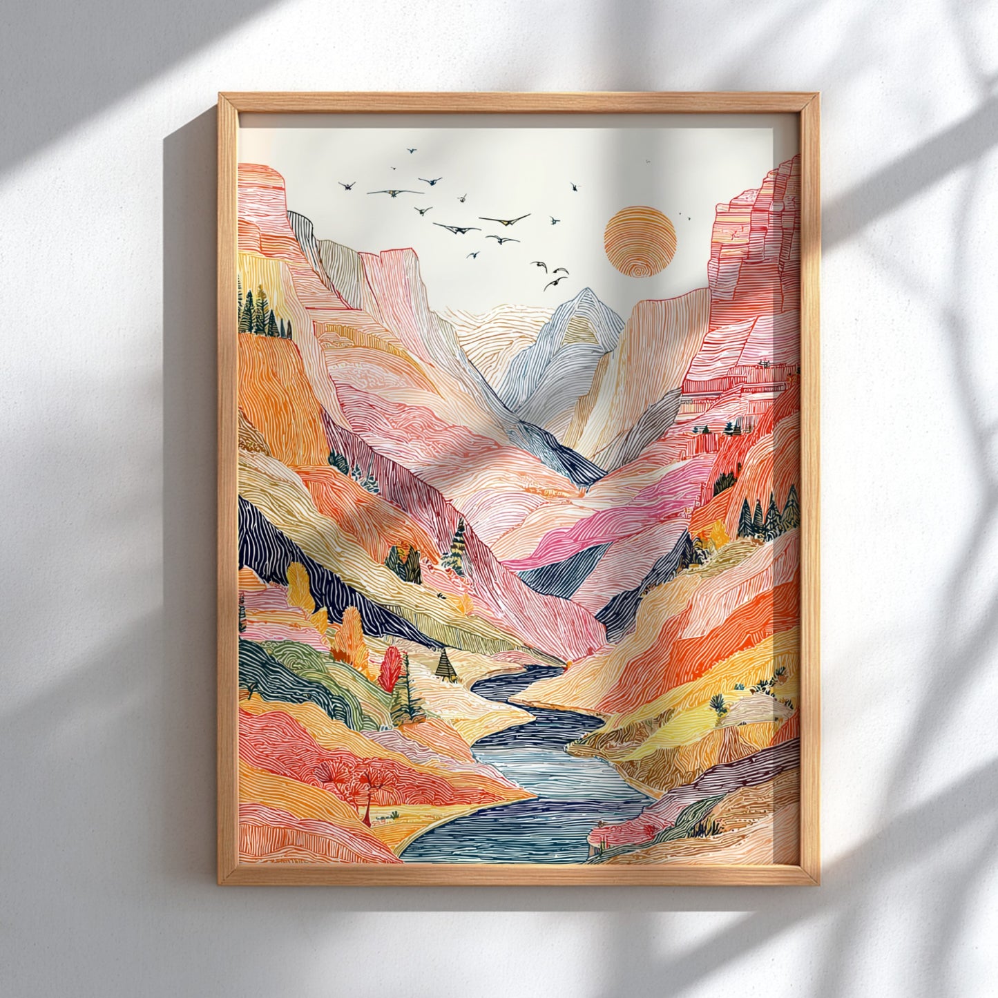 Desert canyon landscape poster with vibrant colors and a winding river, rendered in a stylized linework art