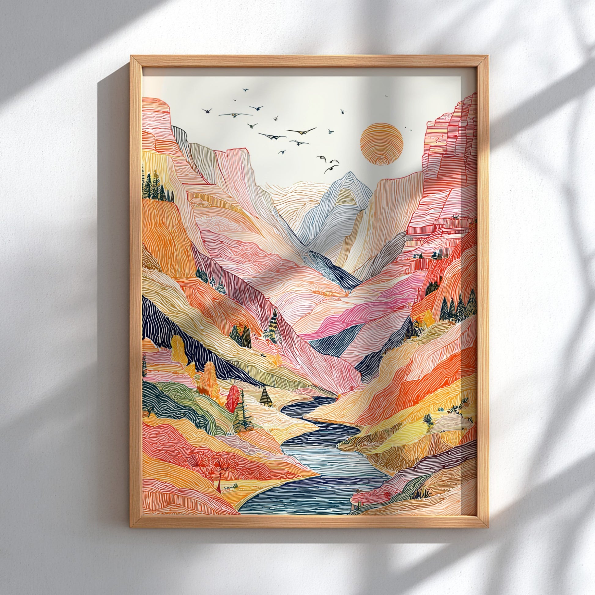 Desert canyon landscape poster with vibrant colors and a winding river, rendered in a stylized linework art