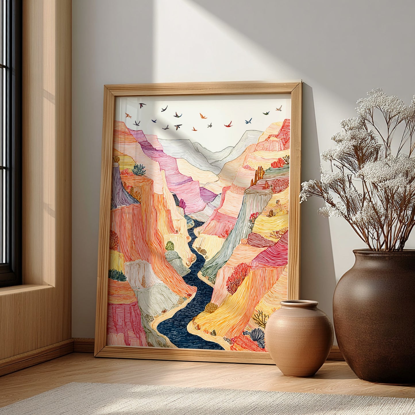 Textured desert canyon landscape poster with vibrant orange, pink, and yellow hues. Wall art.