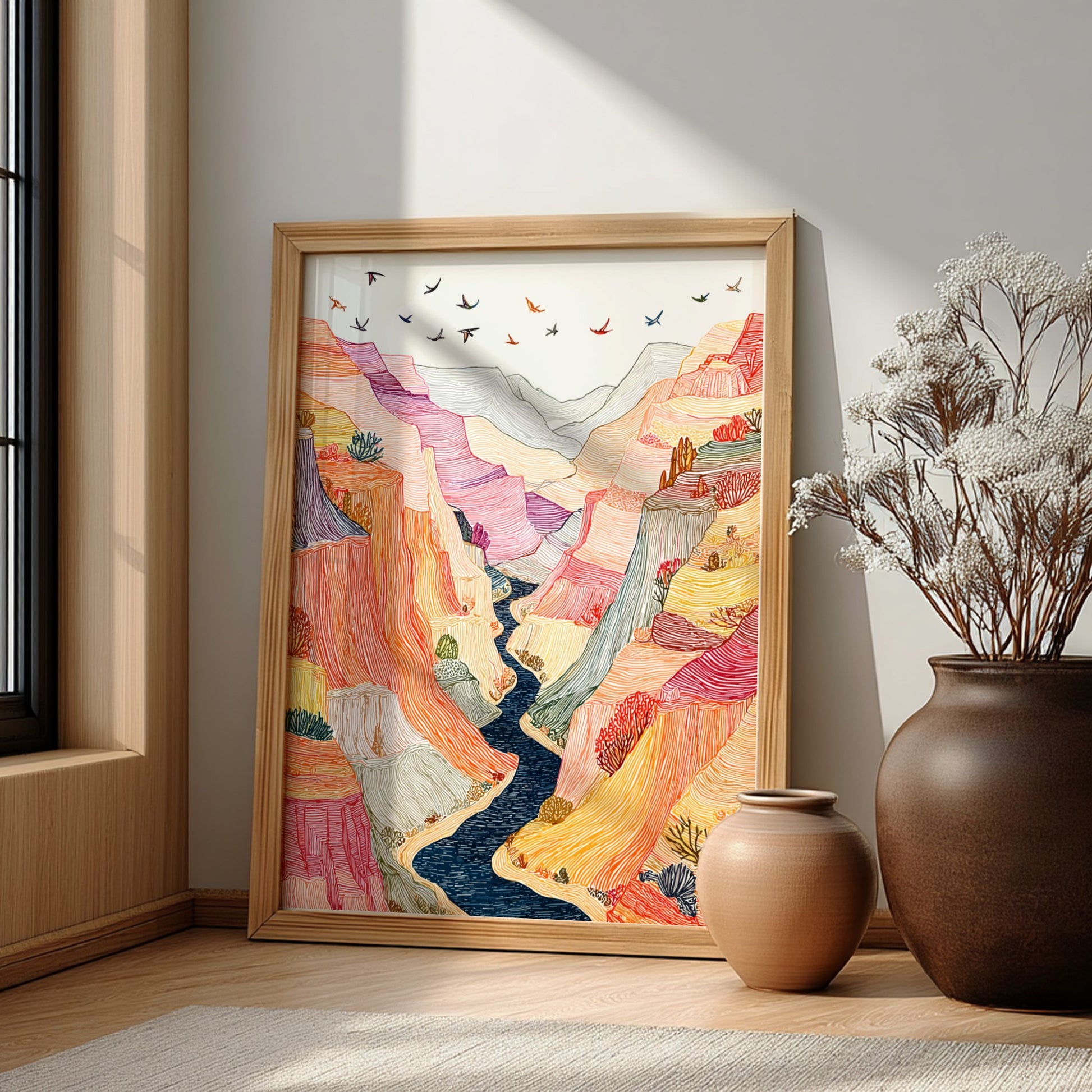Textured desert canyon landscape poster with vibrant orange, pink, and yellow hues. Wall art.