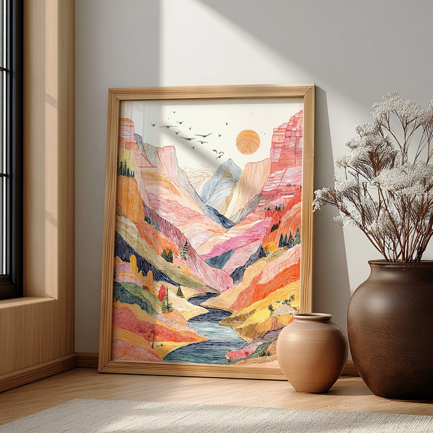 Desert canyon landscape poster with vibrant colors and a winding river, rendered in a stylized linework art