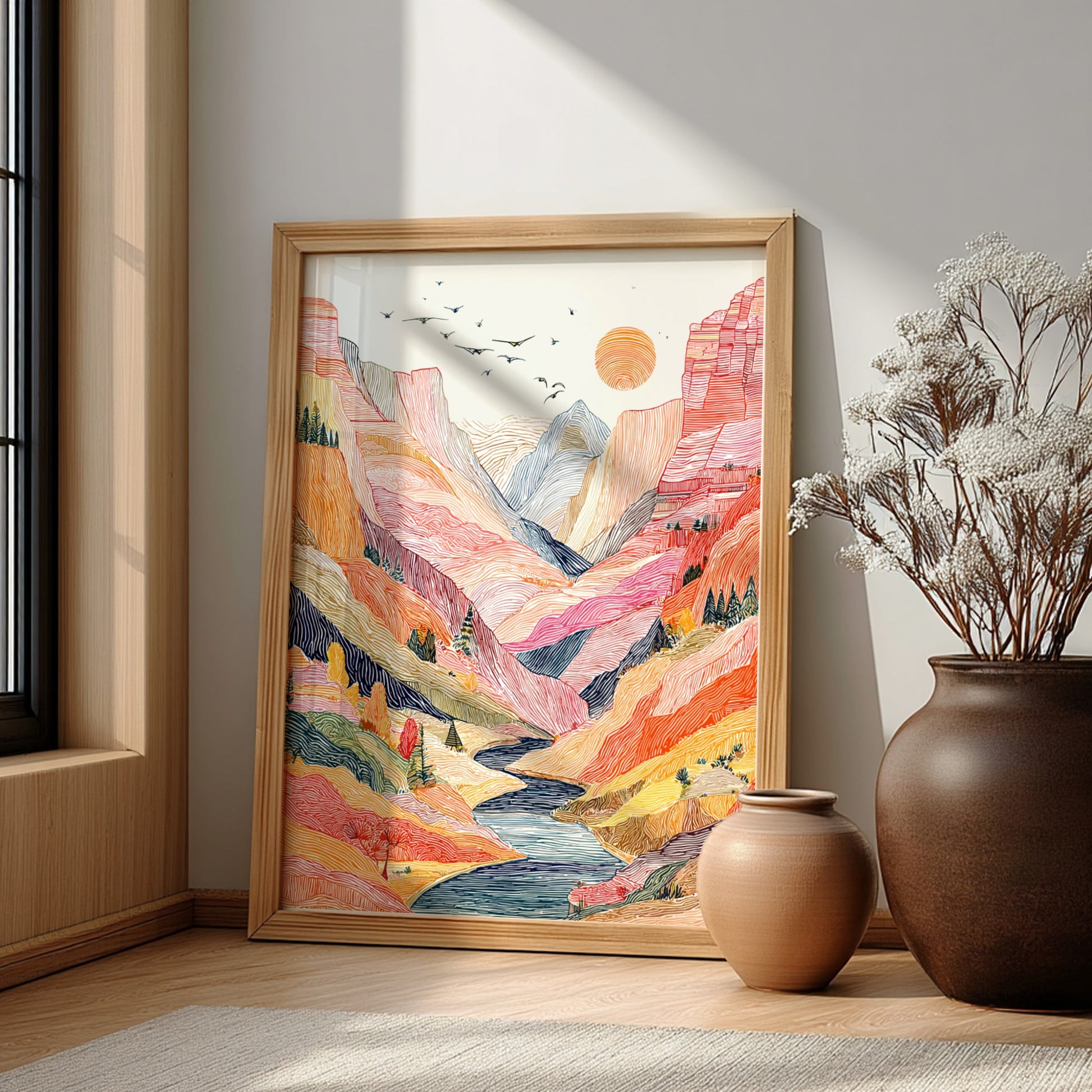 Desert canyon landscape poster with vibrant colors and a winding river, rendered in a stylized linework art