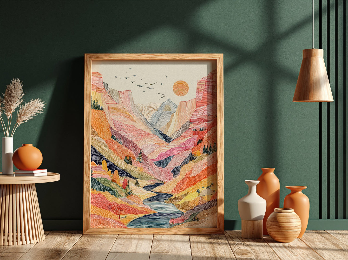Desert canyon landscape poster with vibrant colors and a winding river, rendered in a stylized linework art