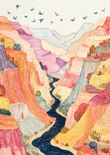 Textured desert canyon landscape poster with vibrant orange, pink, and yellow hues. Wall art.