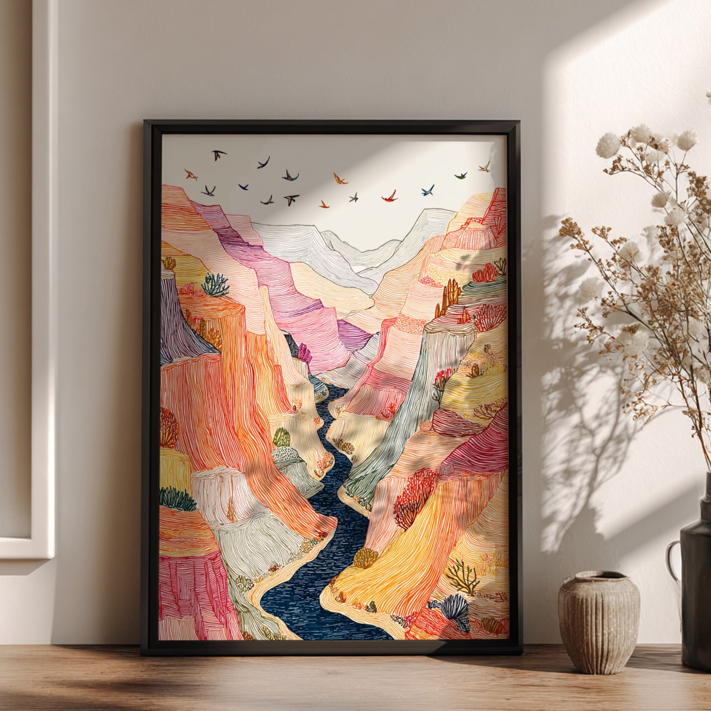 Textured desert canyon landscape poster with vibrant orange, pink, and yellow hues. Wall art.