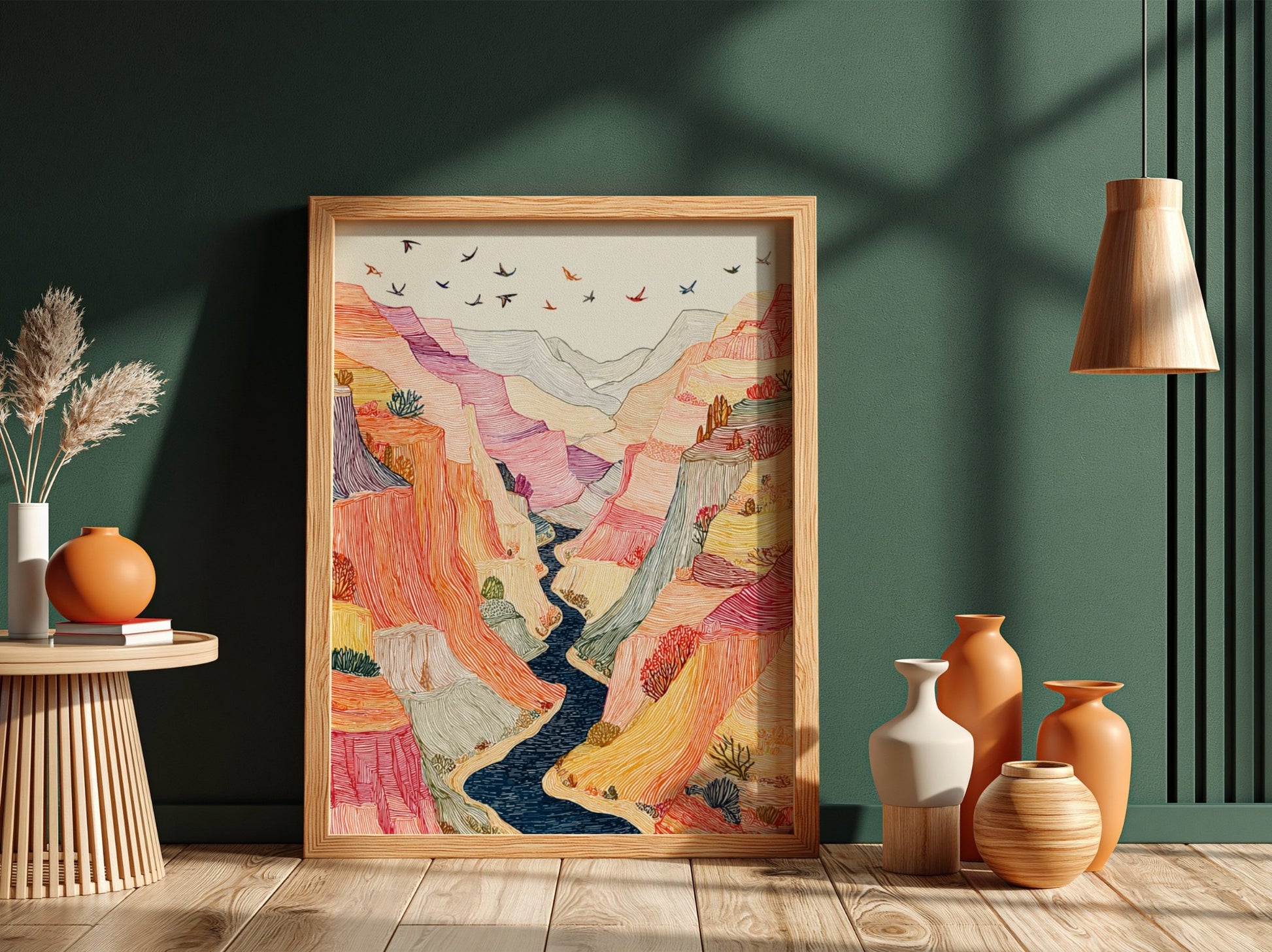 Textured desert canyon landscape poster with vibrant orange, pink, and yellow hues. Wall art.
