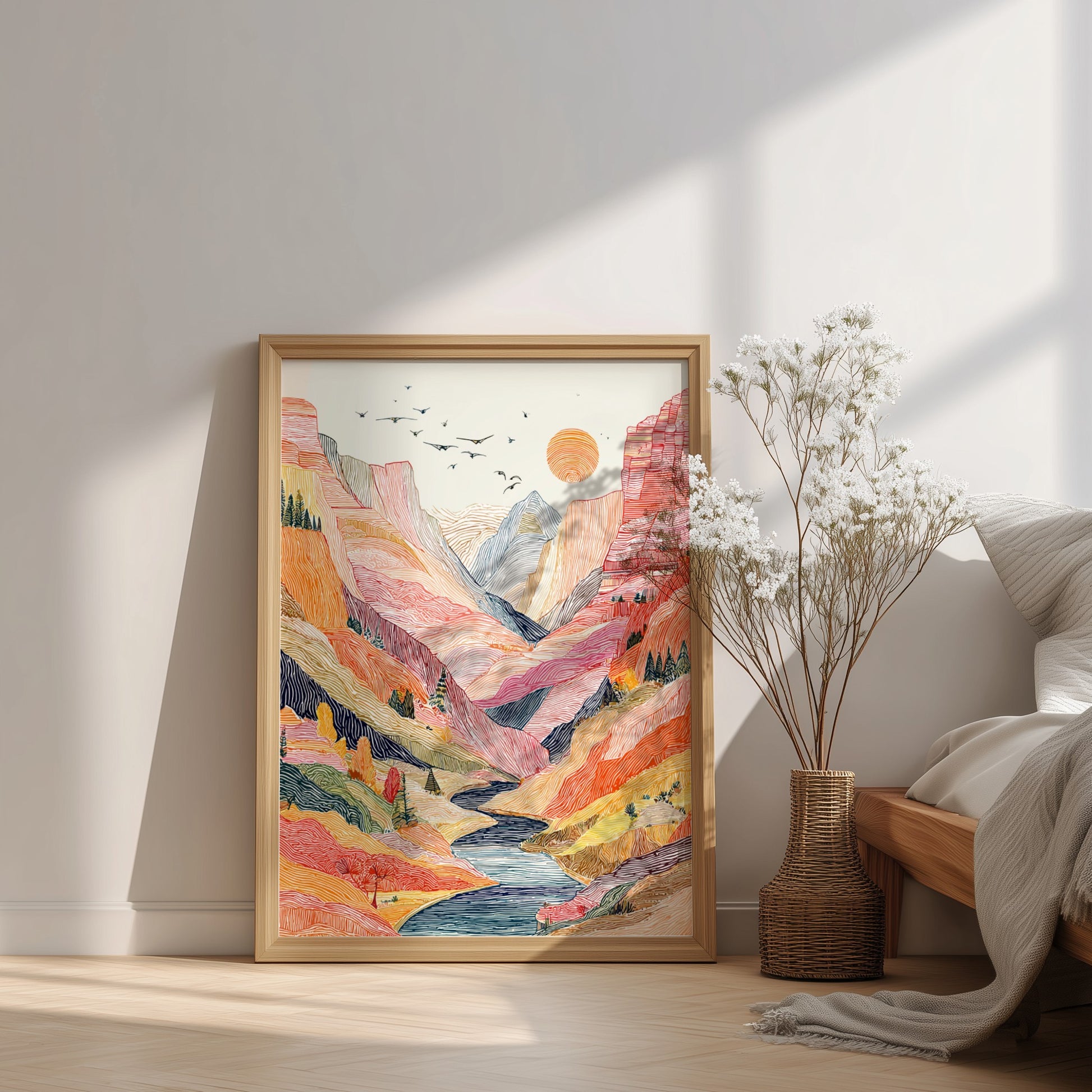 Desert canyon landscape poster with vibrant colors and a winding river, rendered in a stylized linework art