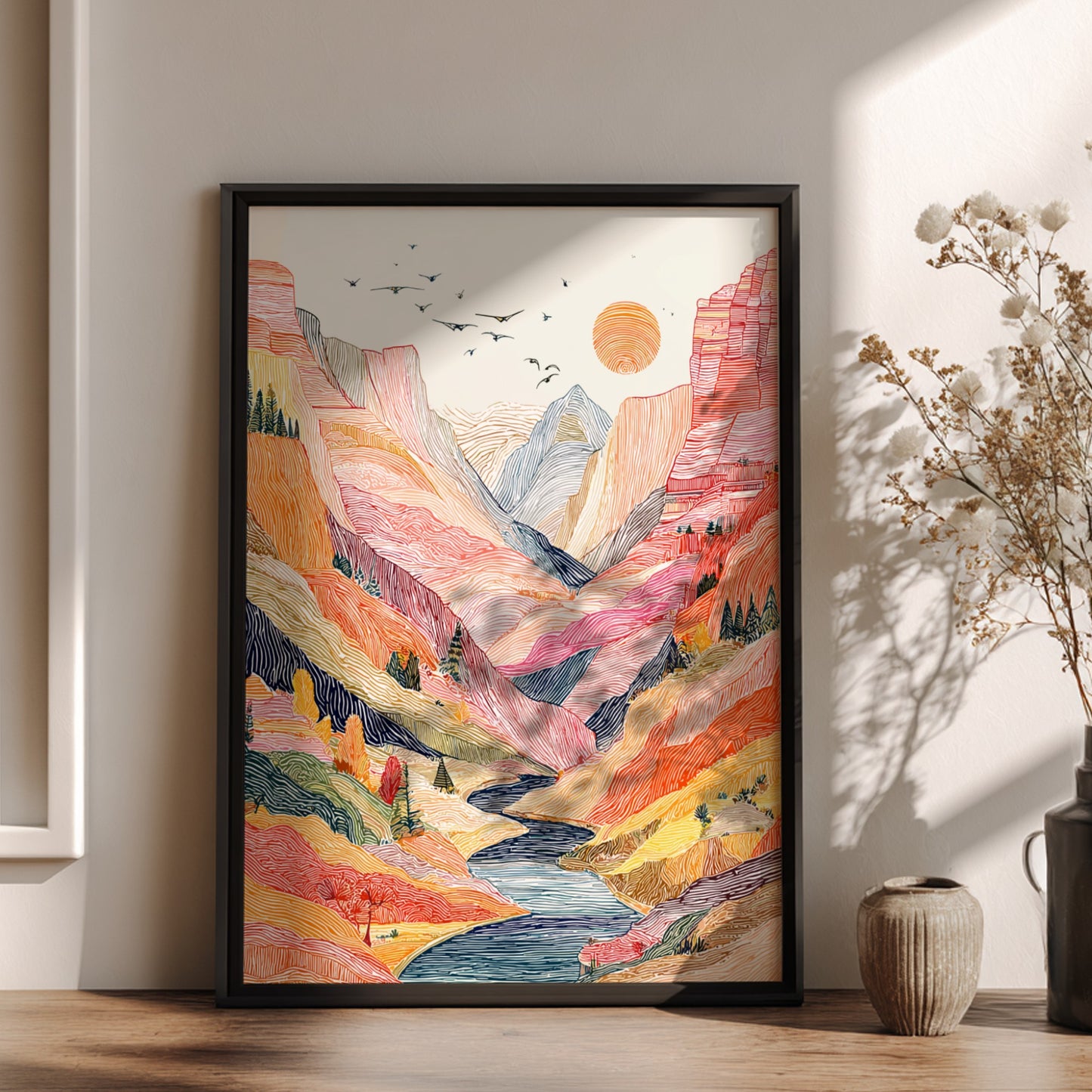 Desert canyon landscape poster with vibrant colors and a winding river, rendered in a stylized linework art