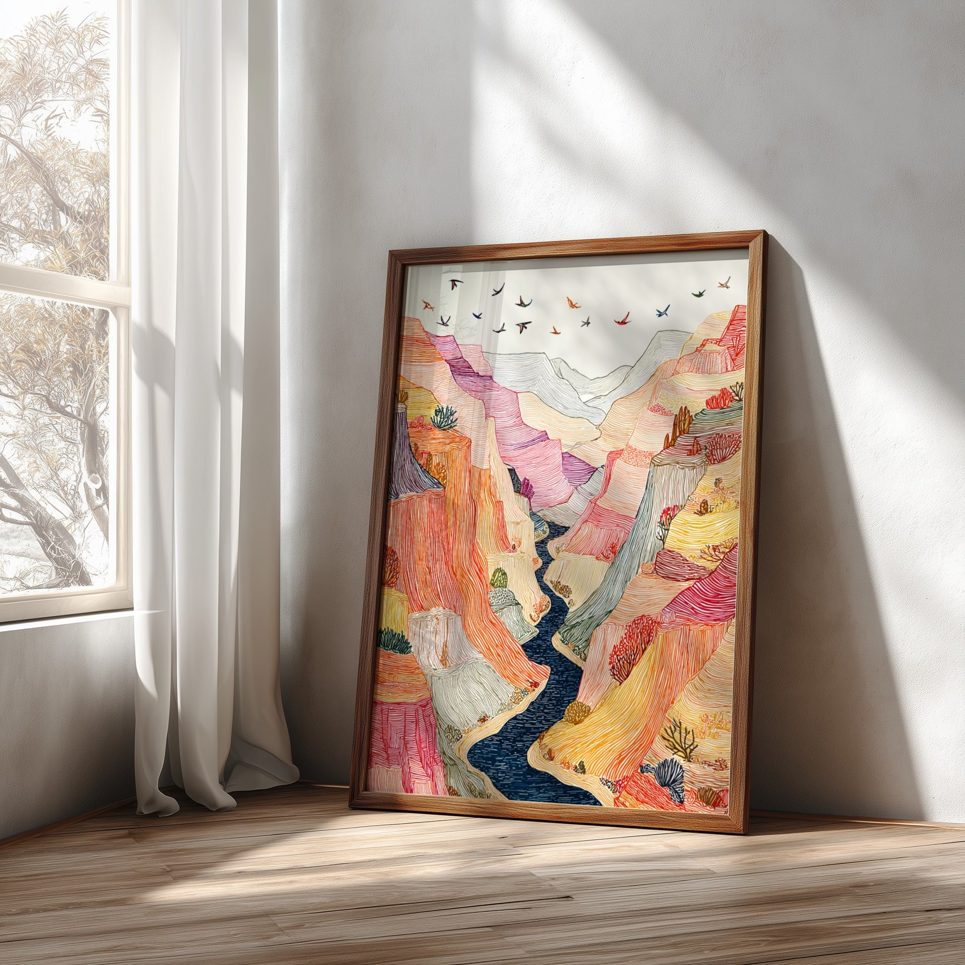 Textured desert canyon landscape poster with vibrant orange, pink, and yellow hues. Wall art.
