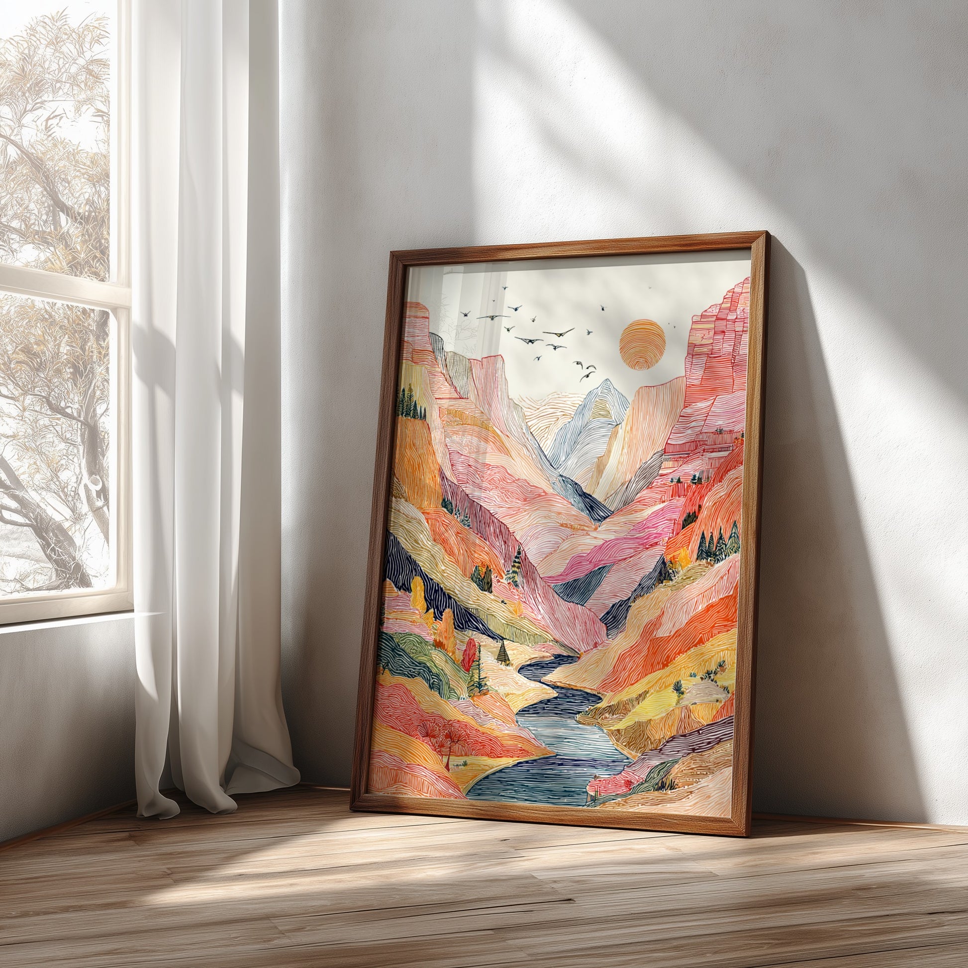 Desert canyon landscape poster with vibrant colors and a winding river, rendered in a stylized linework art