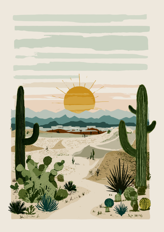 Desert landscape with cacti and mountains under a sun.