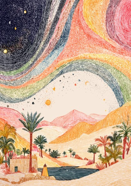 Desert rainbow poster featuring a cosmic landscape with a desert oasis and celestial sky, rendered in a