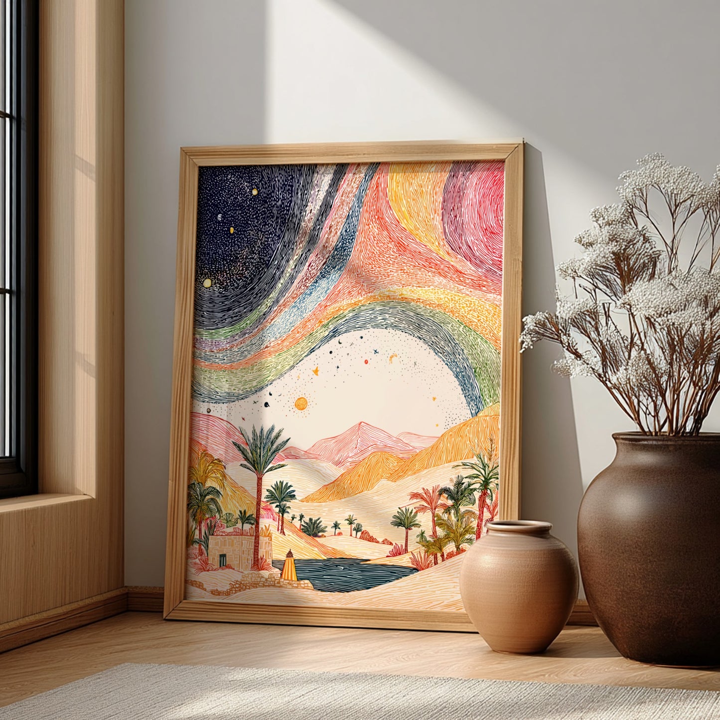 Desert rainbow poster featuring a cosmic landscape with a desert oasis and celestial sky, rendered in a