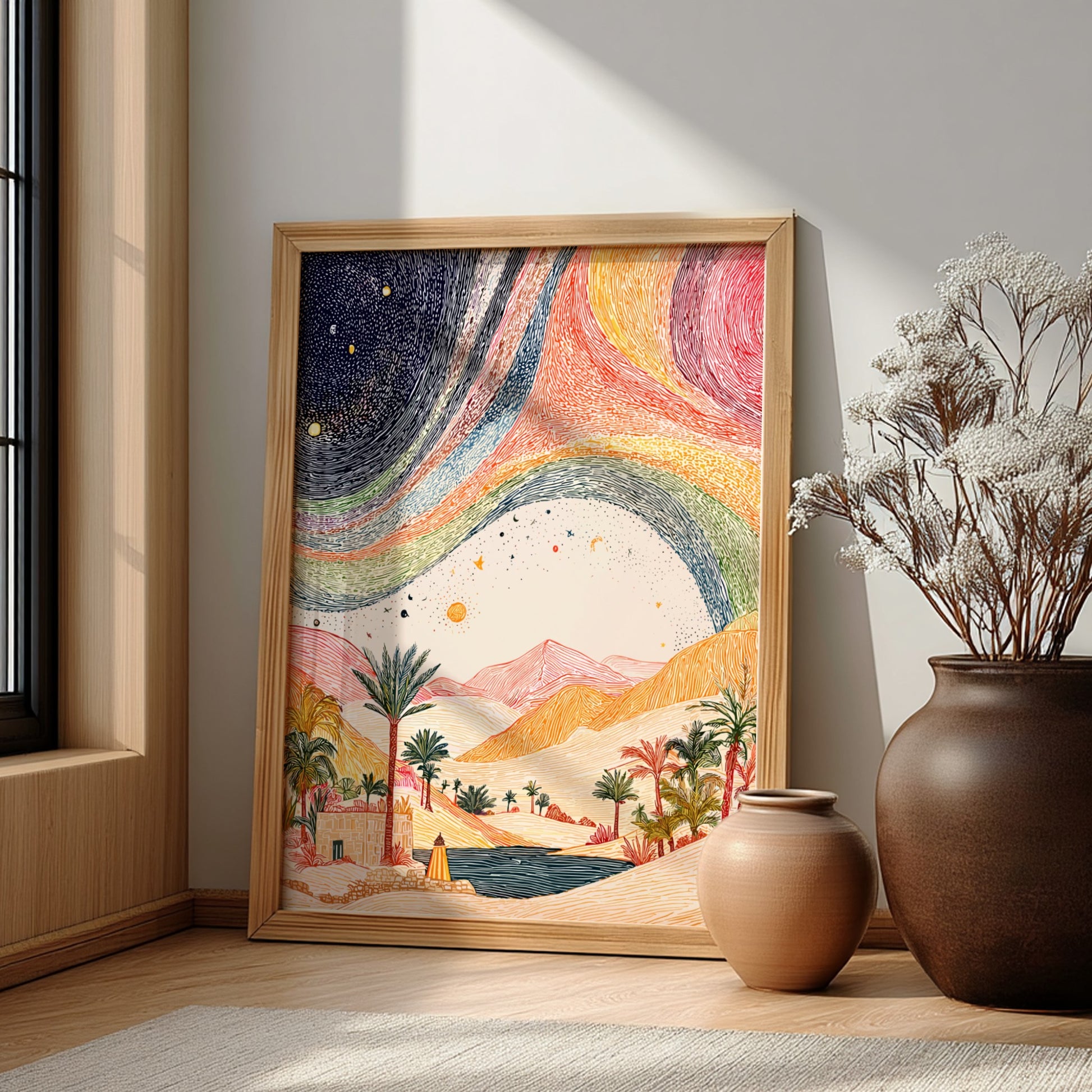 Desert rainbow poster featuring a cosmic landscape with a desert oasis and celestial sky, rendered in a