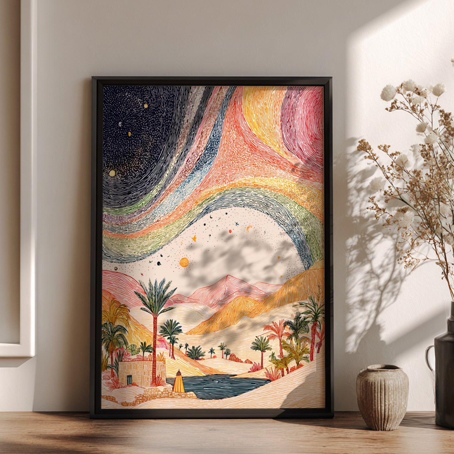 Desert rainbow poster featuring a cosmic landscape with a desert oasis and celestial sky, rendered in a