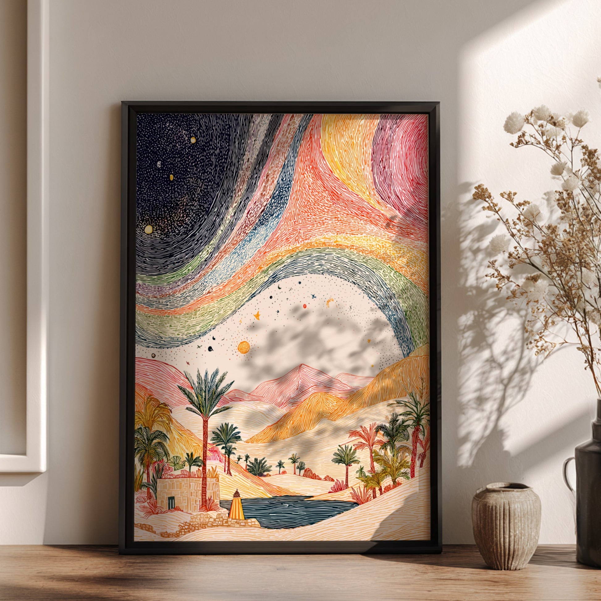 Desert rainbow poster featuring a cosmic landscape with a desert oasis and celestial sky, rendered in a