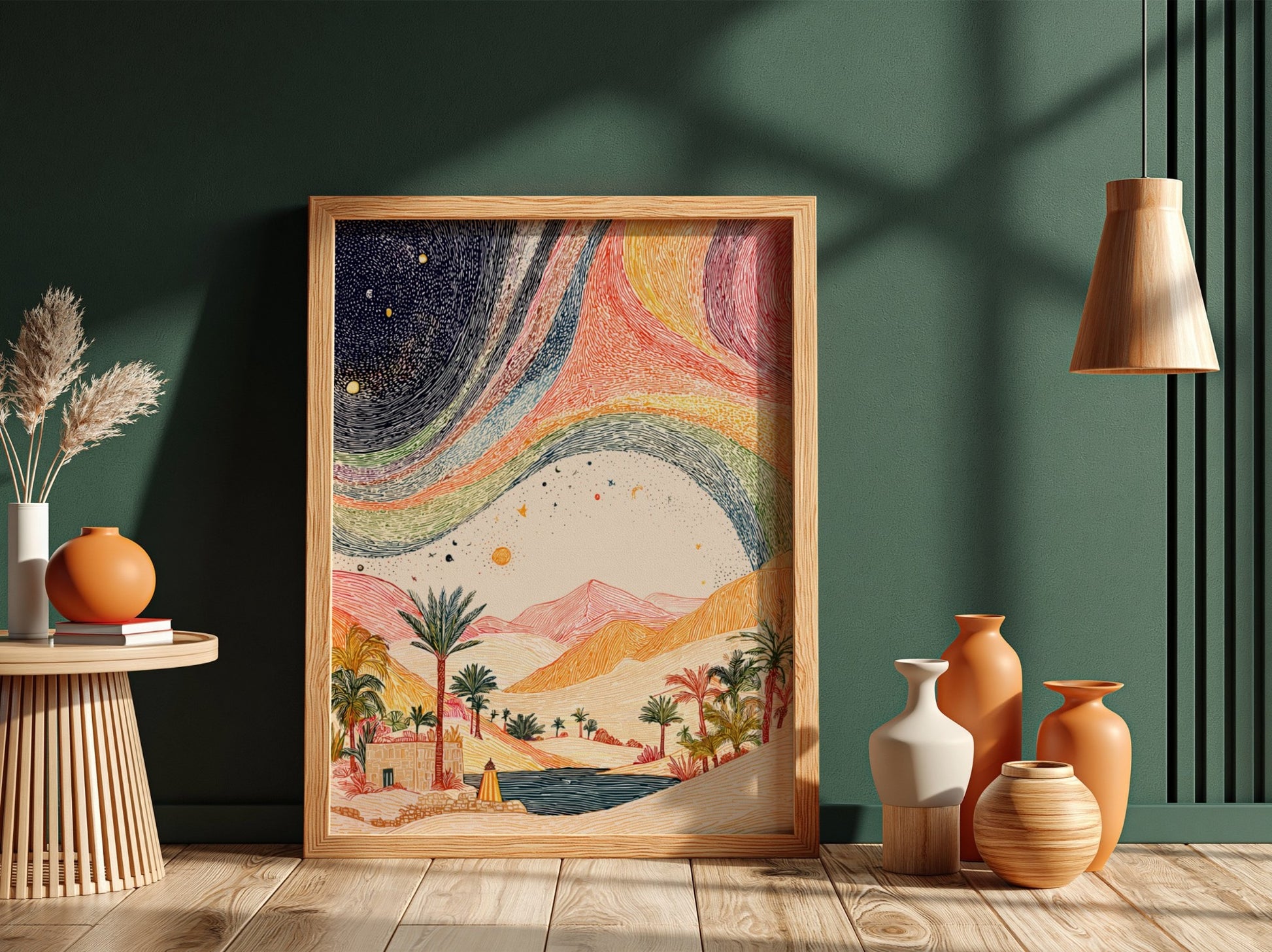 Desert rainbow poster featuring a cosmic landscape with a desert oasis and celestial sky, rendered in a