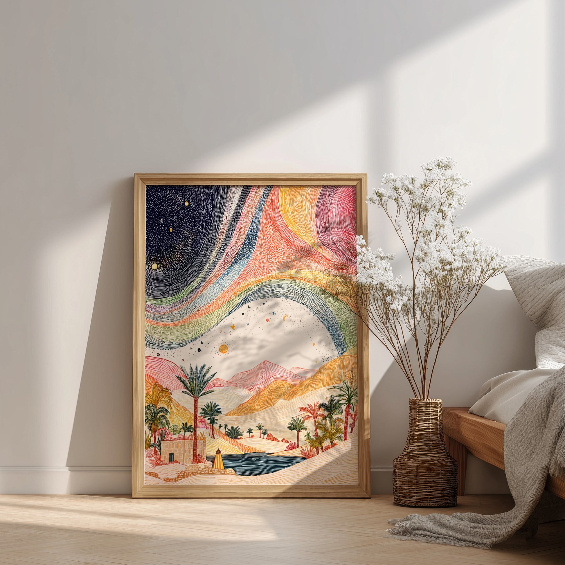 Desert rainbow poster featuring a cosmic landscape with a desert oasis and celestial sky, rendered in a