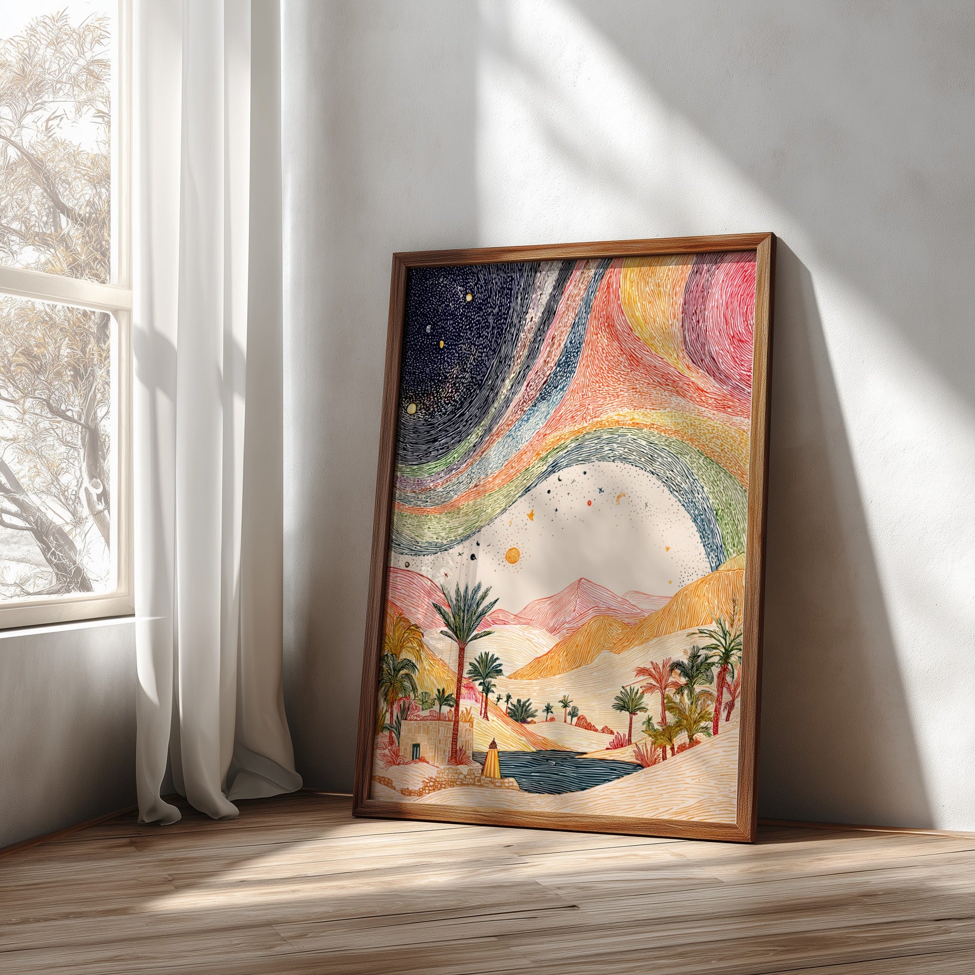 Desert rainbow poster featuring a cosmic landscape with a desert oasis and celestial sky, rendered in a