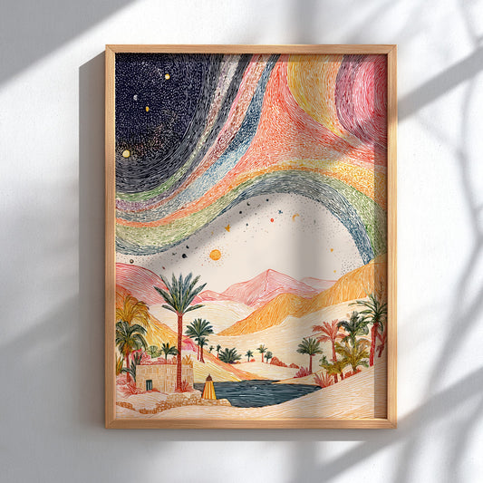 Desert rainbow poster featuring a cosmic landscape with a desert oasis and celestial sky, rendered in a