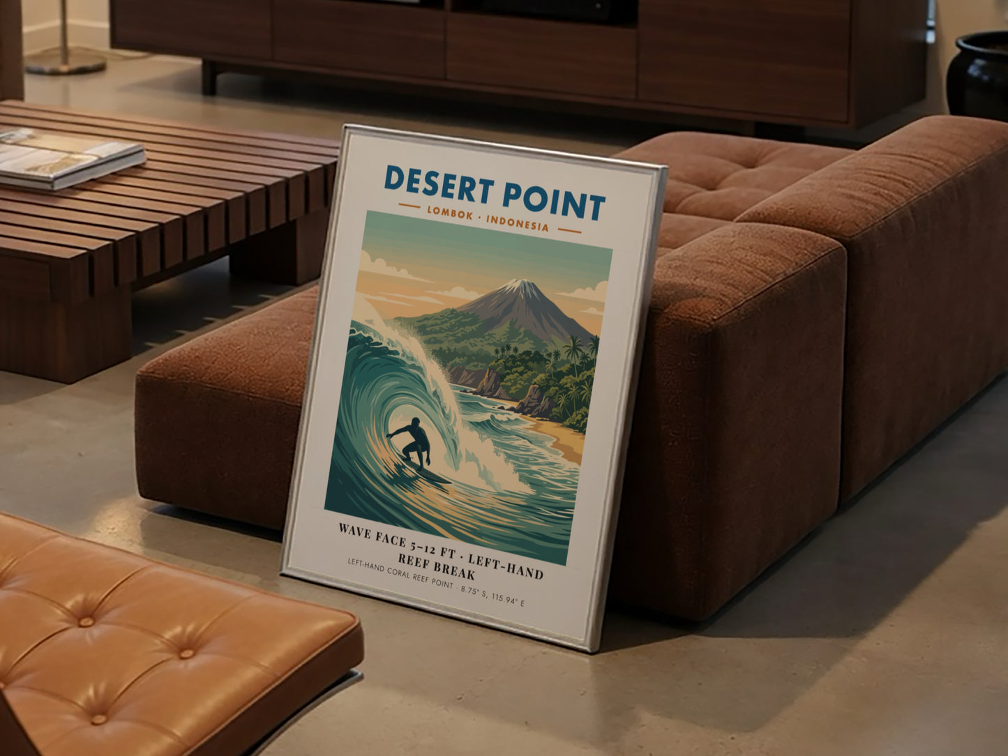 Surf break poster of Desert Point Lombok Indonesia with a turquoise wave barrel