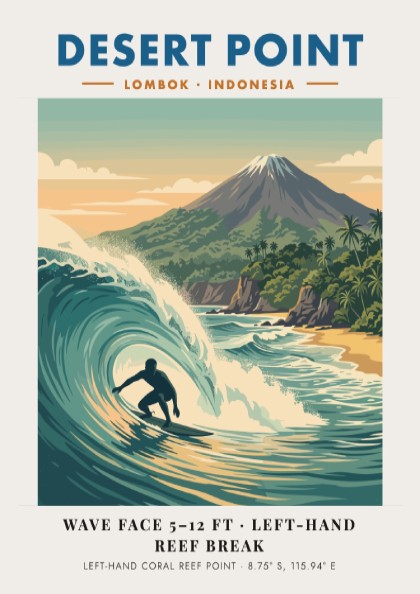 Surf break poster of Desert Point Lombok Indonesia with a turquoise wave barrel