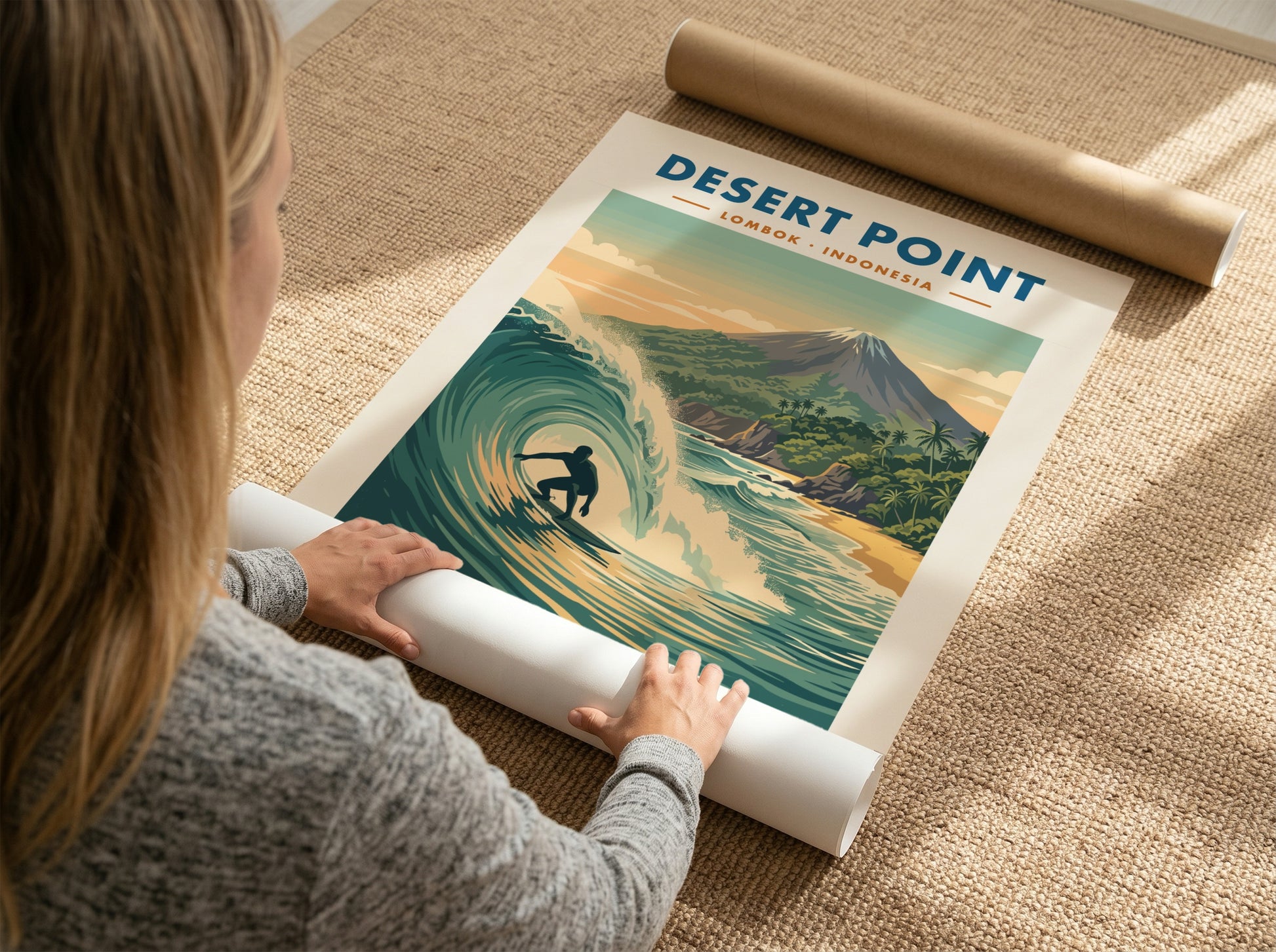 Surf break poster of Desert Point Lombok Indonesia with a turquoise wave barrel