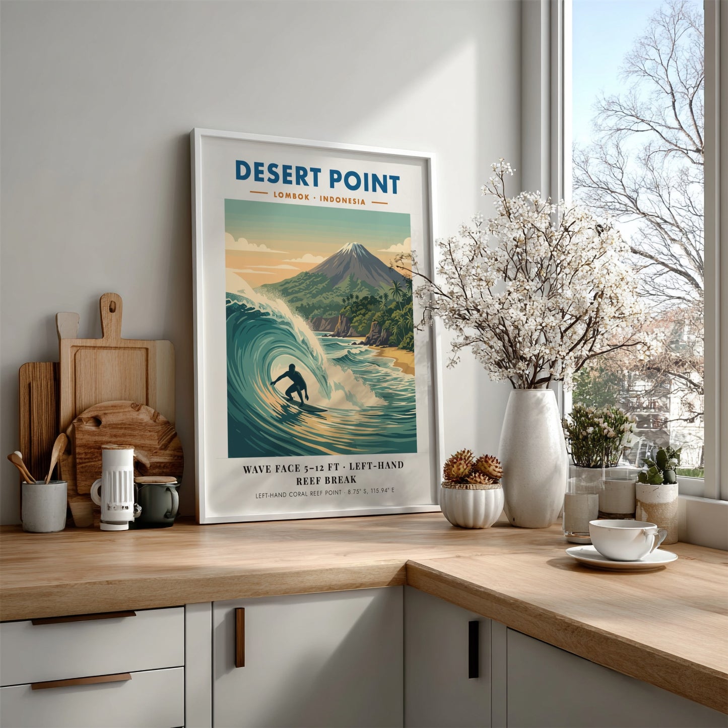 Surf break poster of Desert Point Lombok Indonesia with a turquoise wave barrel