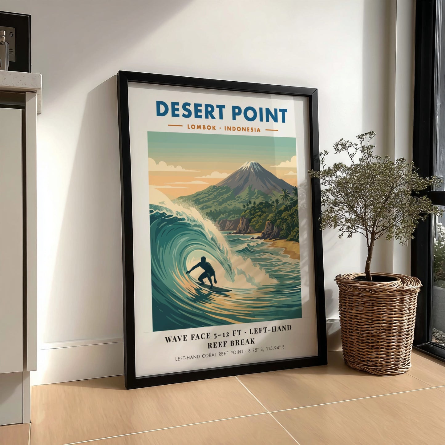 Surf break poster of Desert Point Lombok Indonesia with a turquoise wave barrel
