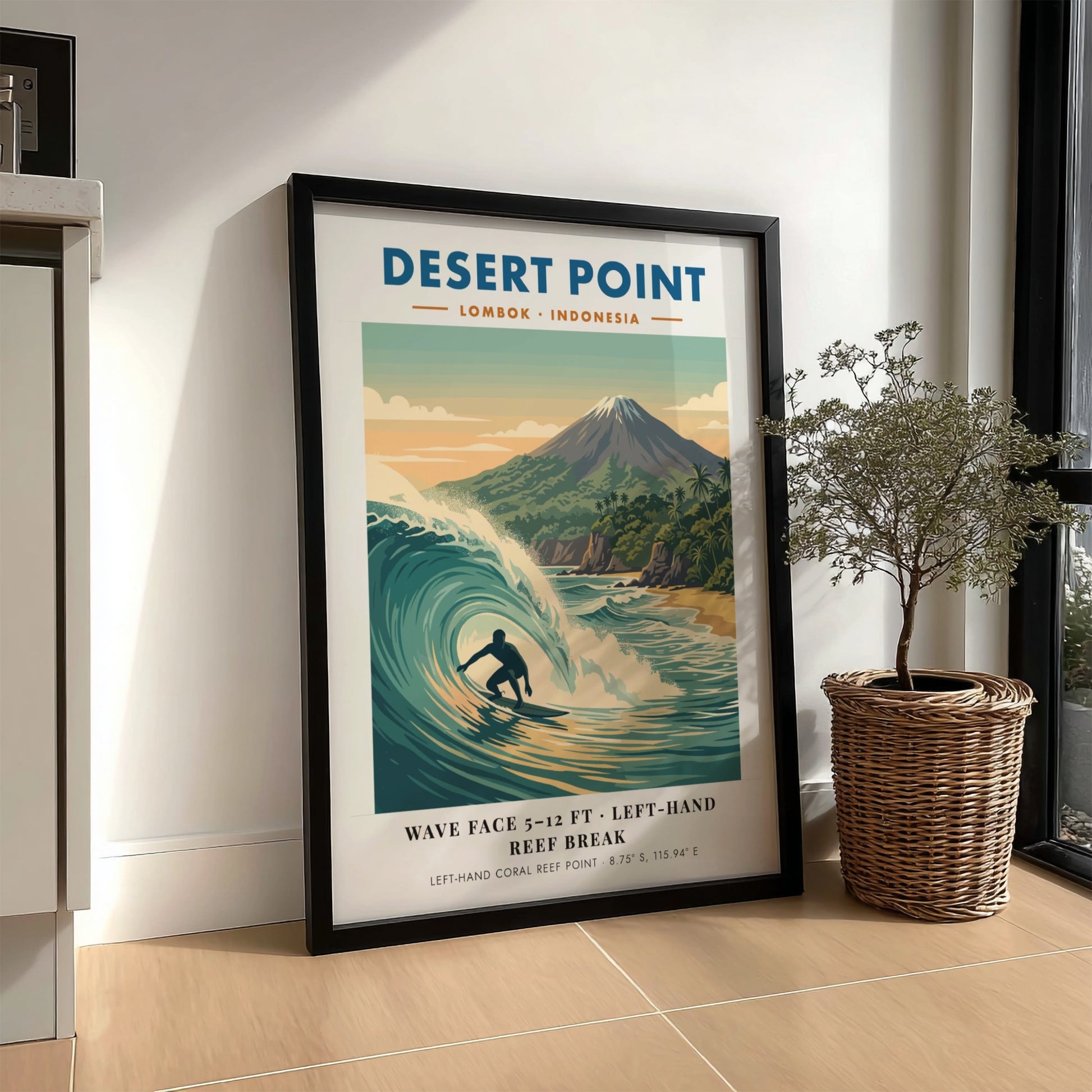 Surf break poster of Desert Point Lombok Indonesia with a turquoise wave barrel