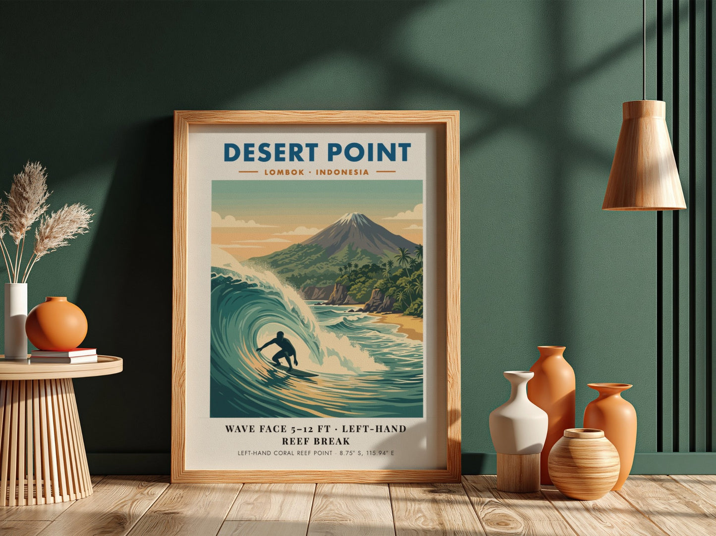 Surf break poster of Desert Point Lombok Indonesia with a turquoise wave barrel