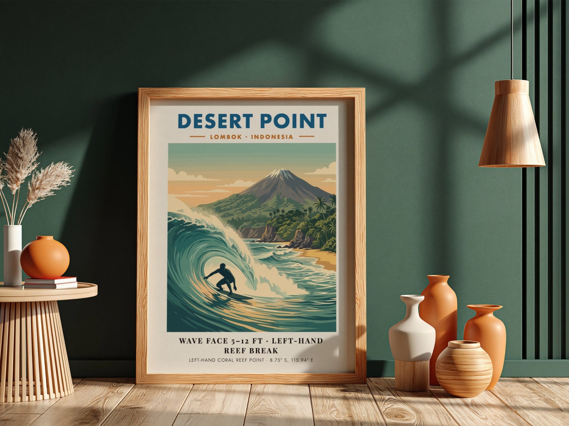 Surf break poster of Desert Point Lombok Indonesia with a turquoise wave barrel
