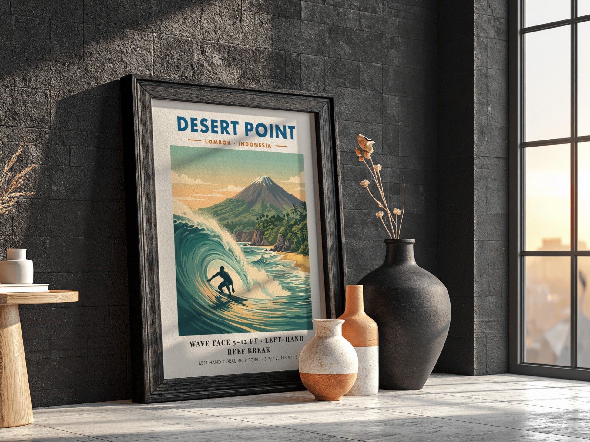 Surf break poster of Desert Point Lombok Indonesia with a turquoise wave barrel