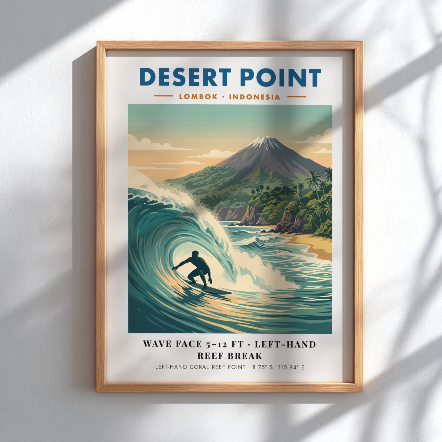 Surf break poster of Desert Point Lombok Indonesia with a turquoise wave barrel