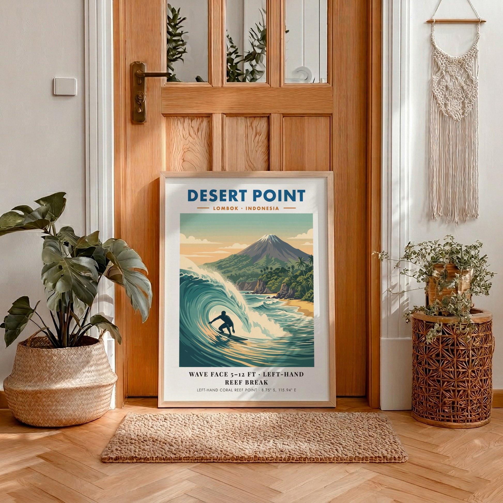 Surf break poster of Desert Point Lombok Indonesia with a turquoise wave barrel