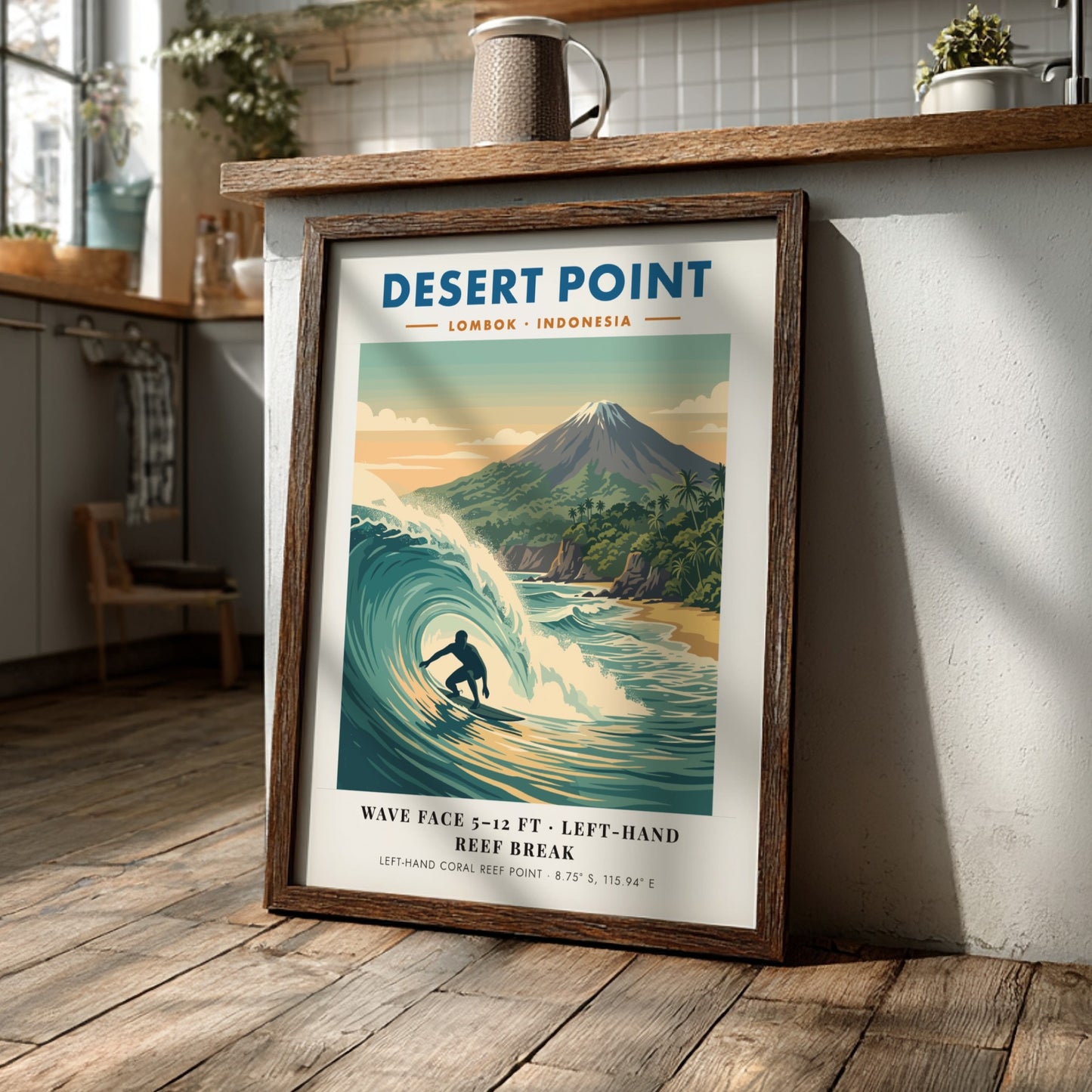 Surf break poster of Desert Point Lombok Indonesia with a turquoise wave barrel