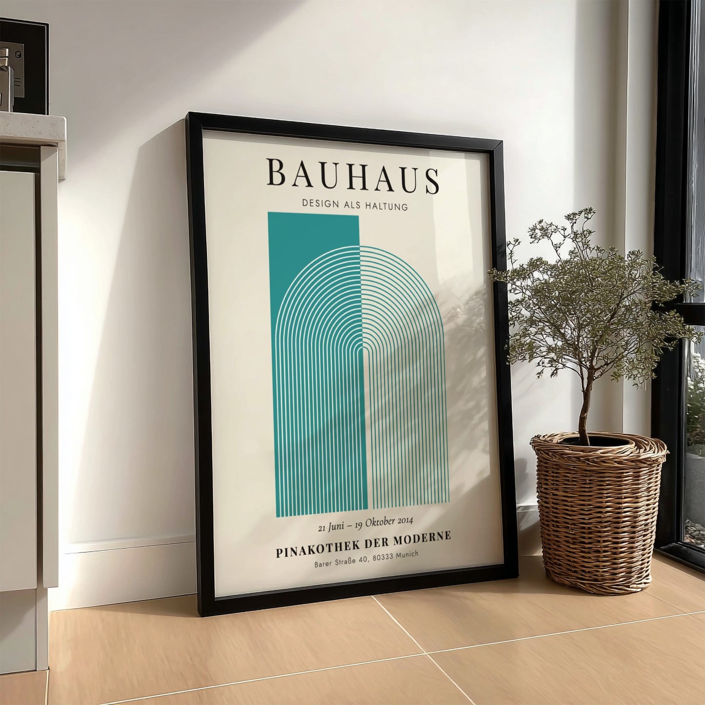 Bauhaus poster featuring geometric shapes in teal and cream, modern design style