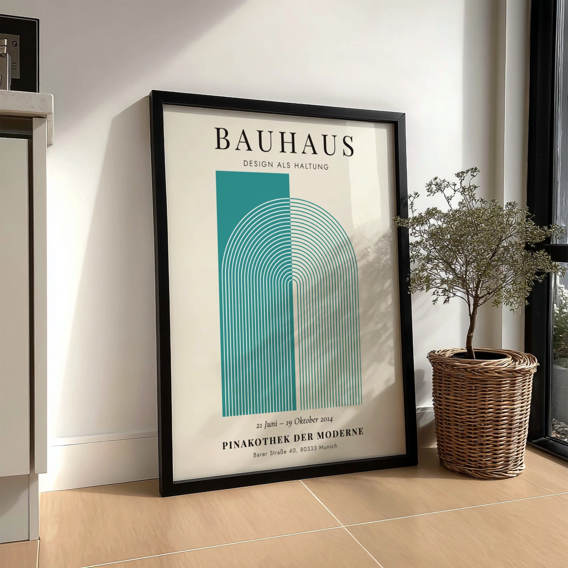 Bauhaus poster featuring geometric shapes in teal and cream, modern design style