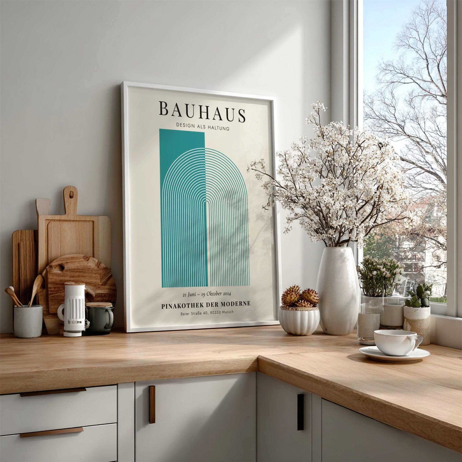 Bauhaus poster featuring geometric shapes in teal and cream, modern design style
